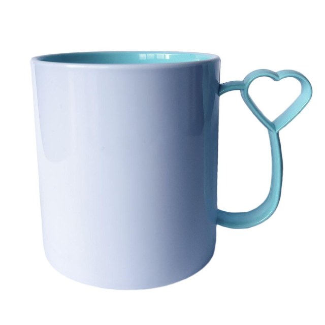 Caneca de Plástico Polímero 360ml Branca com Interior e Alça Coraçãozinho Colorido para Sublimação (ADP) | Azul Turquesa