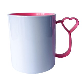 Caneca de Plástico Polímero 360ml Branca com Interior e Alça Coraçãozinho Colorido para Sublimação (ADP) | Rosa Chiclete na Sulink