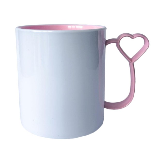 Caneca de Plástico Polímero 360ml Branca com Interior e Alça Coraçãozinho Colorido para Sublimação (ADP) | Rosa BB