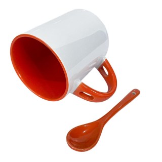 Caneca de Cerâmica Branca com Interior e Alça Colorido com Colher para Sublimação | Laranja na Sulink