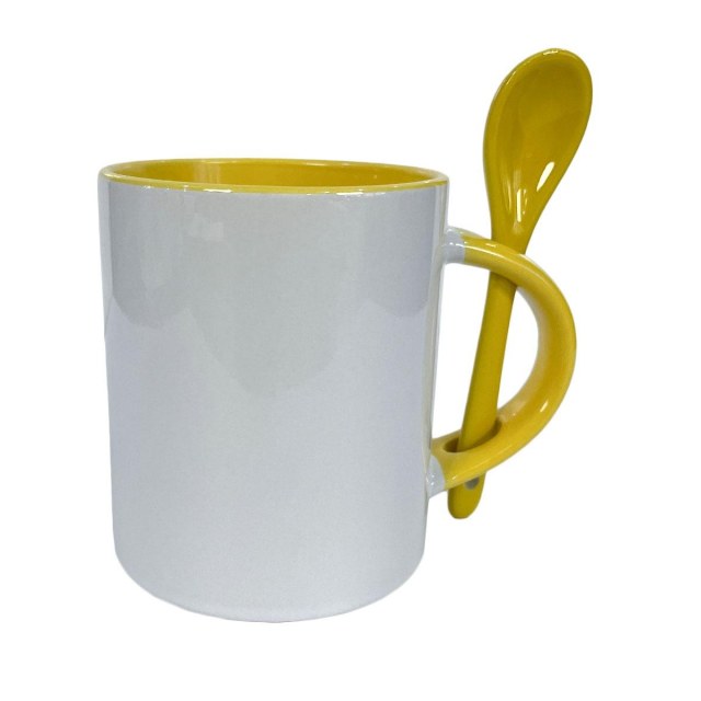 Caneca de Cerâmica Branca com Interior e Alça Colorido com Colher para Sublimação | Amarelo na Sulink