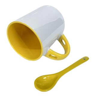 Caneca de Cerâmica Branca com Interior e Alça Colorido com Colher para Sublimação | Amarelo na Sulink
