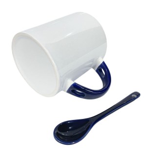 Caneca de Cerâmica Branca com Interior e Alça Colorido com Colher para Sublimação | Azul Escuro na Sulink