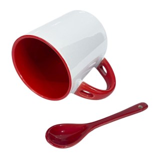 Caneca de Cerâmica Branca com Interior e Alça Colorido com Colher para Sublimação | Vermelha na Sulink