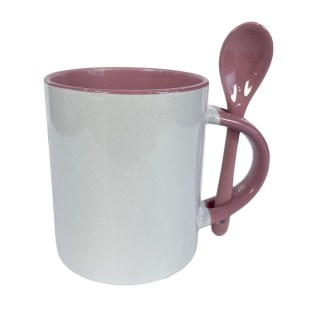 Caneca de Cerâmica Branca com Interior e Alça Colorido com Colher para Sublimação | Rosa em Sulink