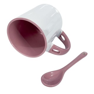 Caneca de Cerâmica Branca com Interior e Alça Colorido com Colher para Sublimação | Rosa em Sulink