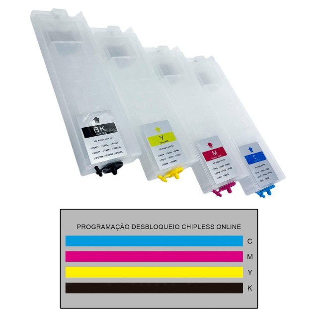 Cartucho Recarregável 4 Cores para Epson WF-C5210 WF-C5290 WF-C5710 WF-C5790 WF-C579R | Sem Tinta + Programação Desbloqueio ChipLess Key na Sulink