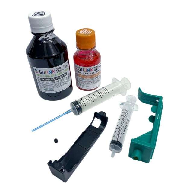 Kit Recarga Fácil para Cartucho HP 15 15B 40 45 45B Preto com 250ml de Tinta + 100ml Solução de Limpeza