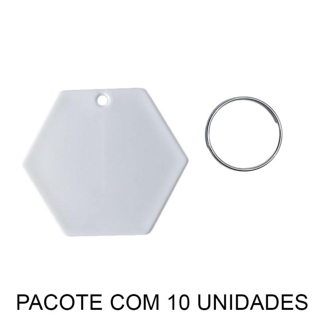 Chaveiro em Polímero Hexágono Branco para Sublimação (UDP) com Argola | Pacote com 10 Unidades