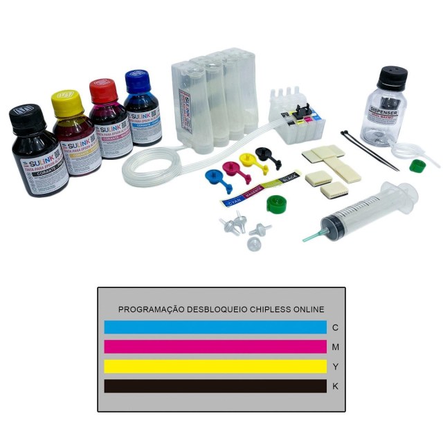 Bulk ink para Impressora Epson XP-340 XP-341 XP-342 XP-343 XP-345 | Com Tinta Corante + Programação Desbloqueio ChipLess Key + Dispenser na Sulink