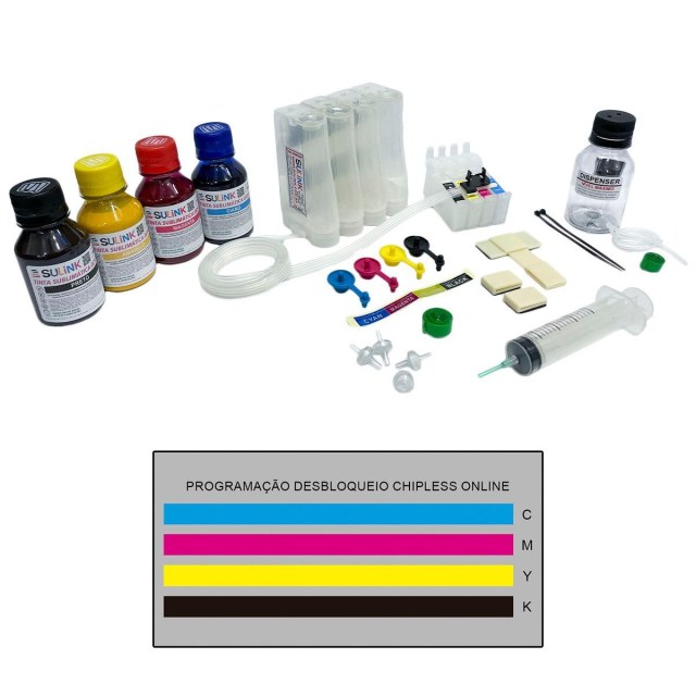 Bulk ink para Impressora Epson XP-340 XP-341 XP-342 XP-343 XP-345 | Com Tinta Sublimática + Programação Desbloqueio ChipLess Key + Dispenser na Sulink