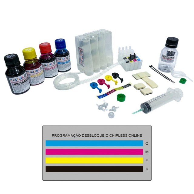 Bulk ink para Impressora Epson XP-4100 XP-4101 XP-4105, XP-4150, XP-4155 | Com Tinta Corante + Programação Desbloqueio ChipLess Key + Dispenser na Sulink